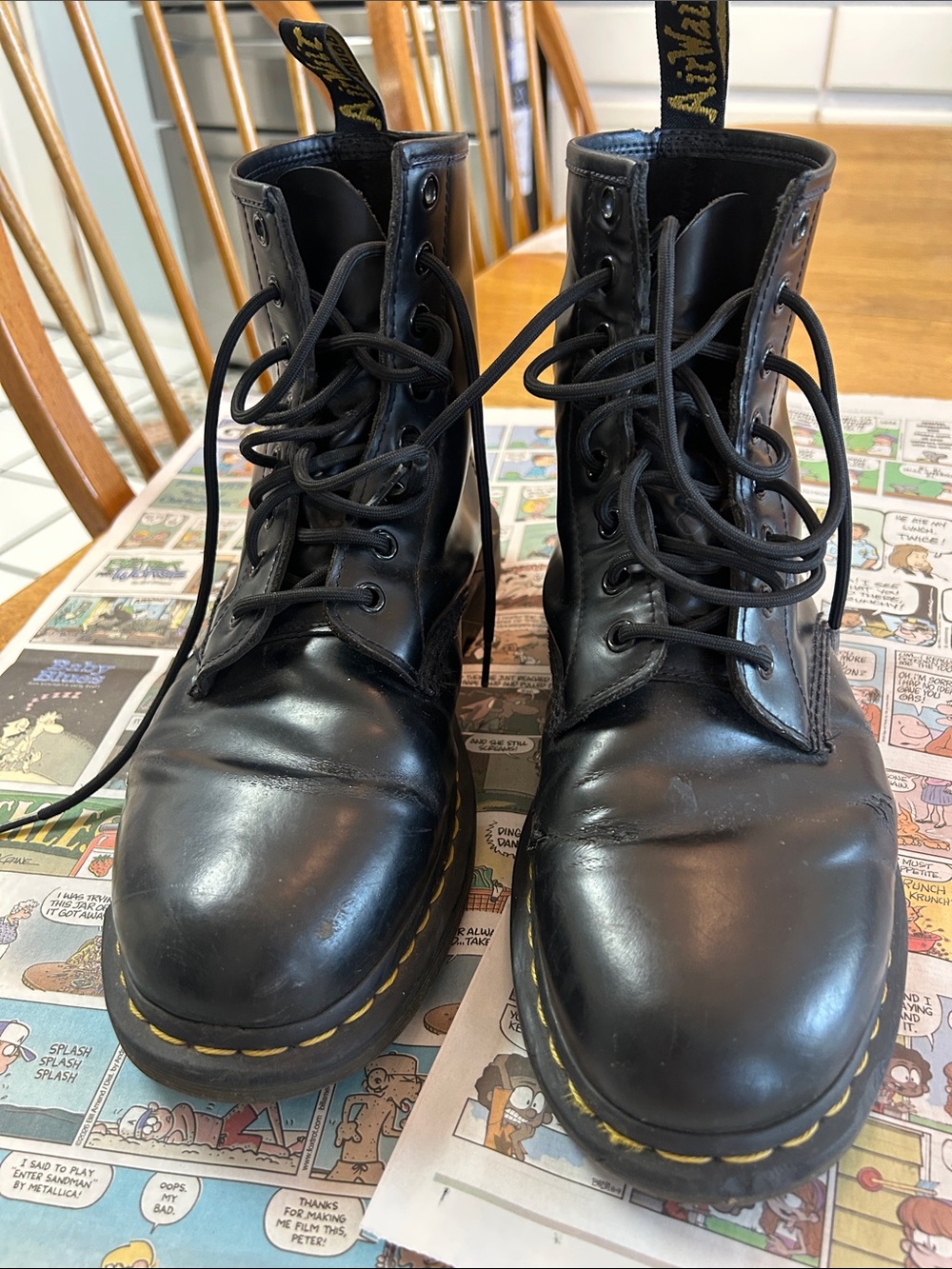 Dr. Martens Black Leather 8‑Eye Lace-Up Boots with Yellow Stitching